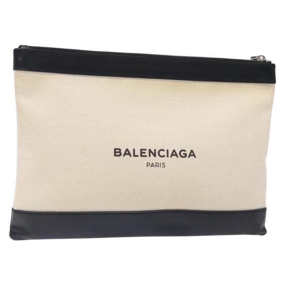 BALENCIAGA Clutch Bag Canvas Leather White black 373834 Auth gh296 - Picture 1 of 16